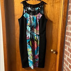 Nicole Miller Black Midi Dress with Multicolor Tropical Center Panel 16